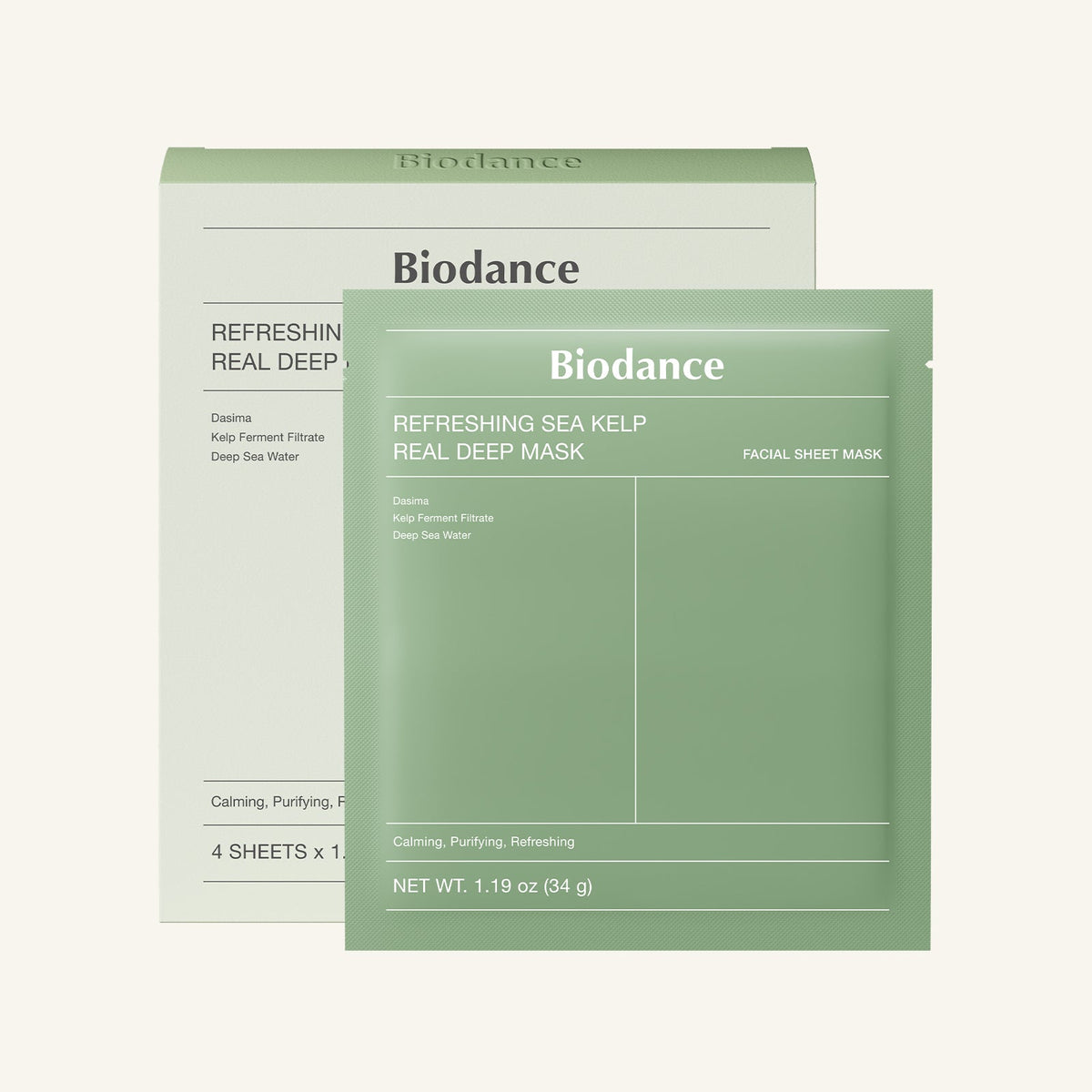 Doos van het Biodance Refreshing Sea Kelp Real Deep Mask met los sachet; je koopt 1 masker (34 g)