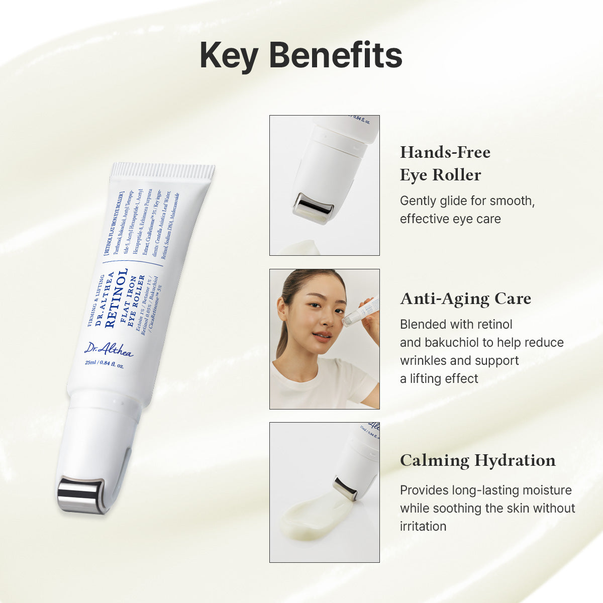 Voordelen van de Dr. Althea Retinol Flat Iron Eye Roller: handsfree roller, anti-aging, kalmerende hydratatie