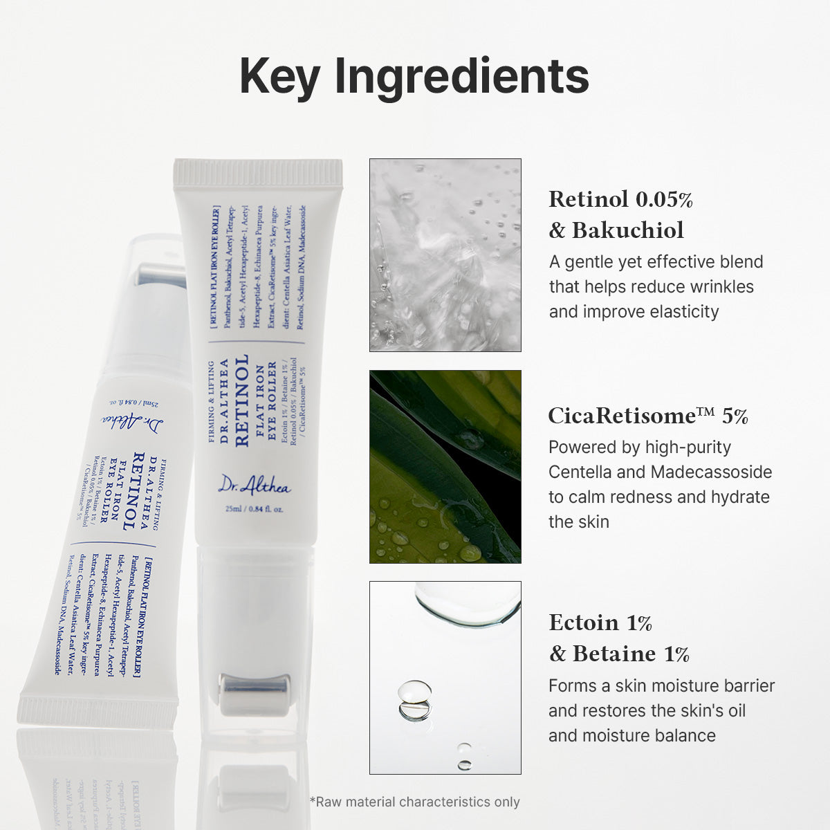 Belangrijkste ingrediënten van de Dr. Althea Retinol Flat Iron Eye Roller: retinol en bakuchiol, CicaRetinome,ectoïne en betaïne