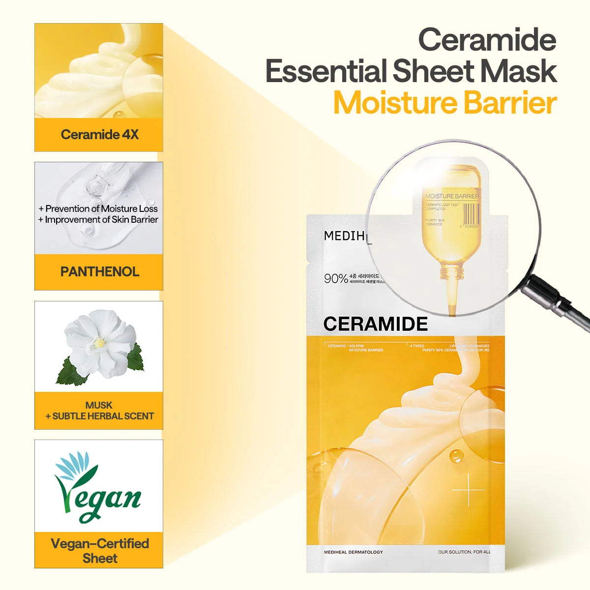 Ceramide, panthenol, musk-geur en vegan doek in het Mediheal Ceramide Essential Mask
