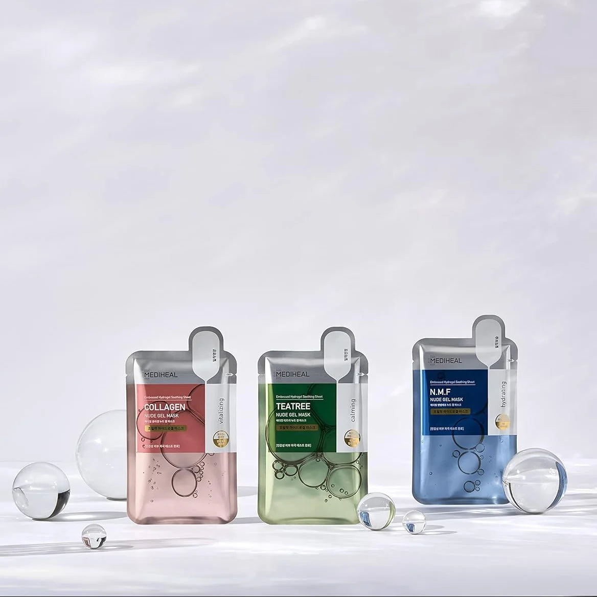 Mediheal Nude Gel Mask serie in roze, groen en blauw naast elkaar