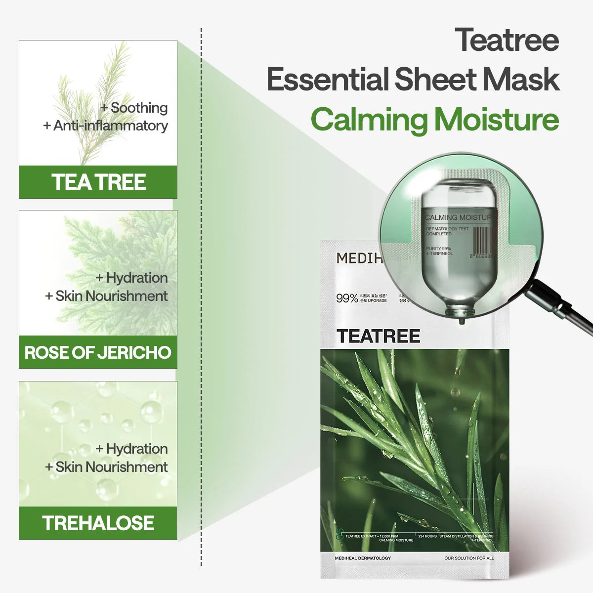 De drie hoofdingrediënten van het Mediheal Teatree Essential Mask: tea tree, roos van Jericho en trehalose