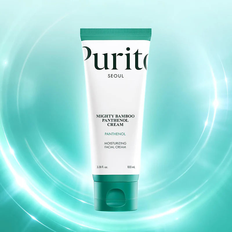 PURITO Mighty Bamboo Panthenol Cream 100ml tube op een turquoise achtergrond
