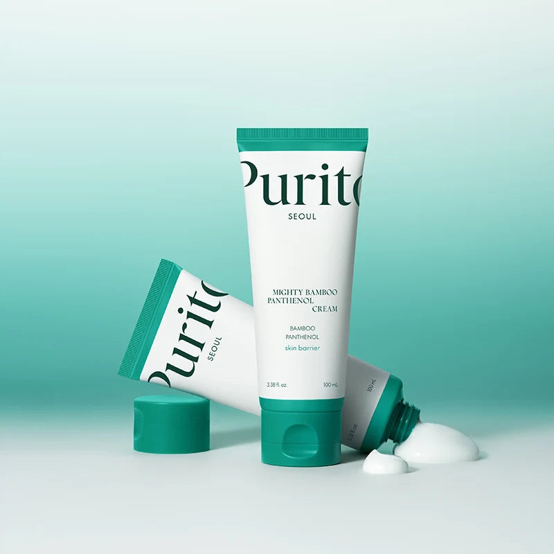 Twee tubes PURITO Mighty Bamboo Panthenol Cream met een streepje crème