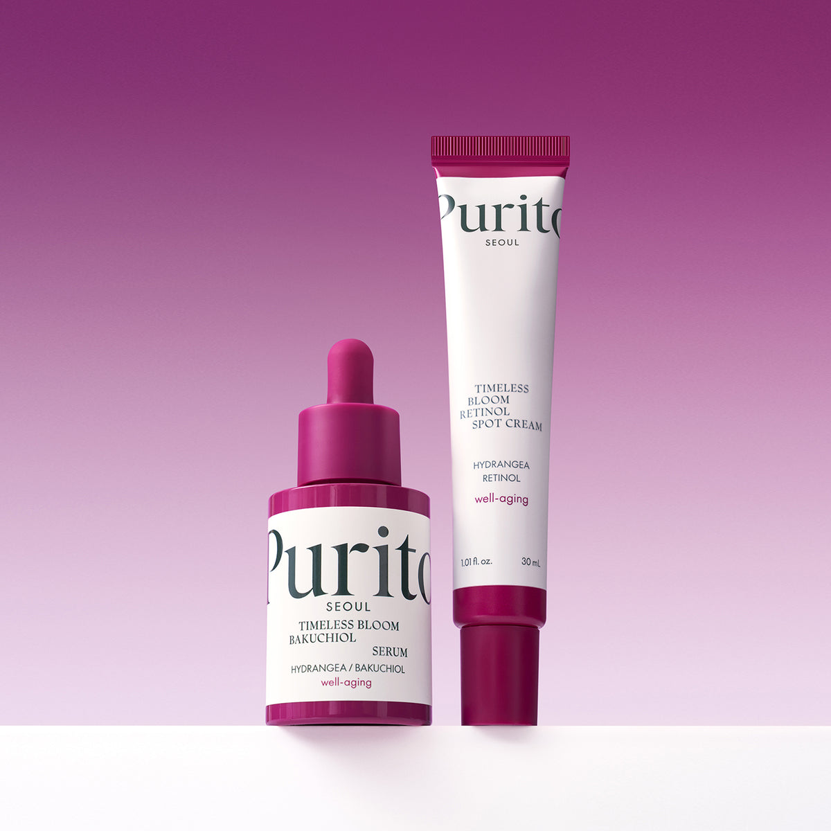 PURITO Timeless Bloom Retinol Spot Cream naast het Timeless Bloom Bakuchiol Serum