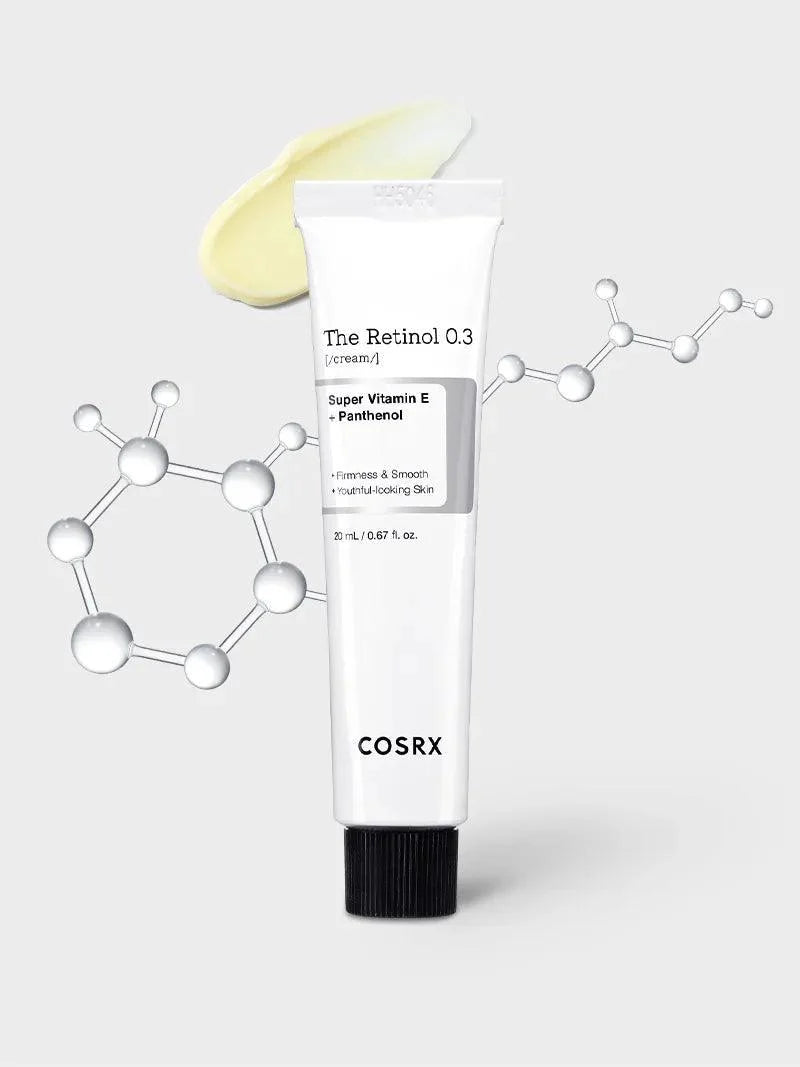 COSRX The Retinol 0.3 Cream 20ml, tube met retinolmolecuul op grijze achtergrond