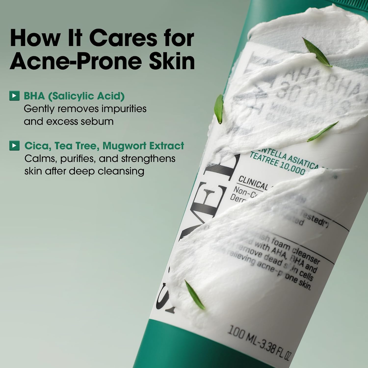 Infographic: hoe de Some By Mi AHA BHA PHA foam de acnegevoelige huid reinigt met BHA en cica