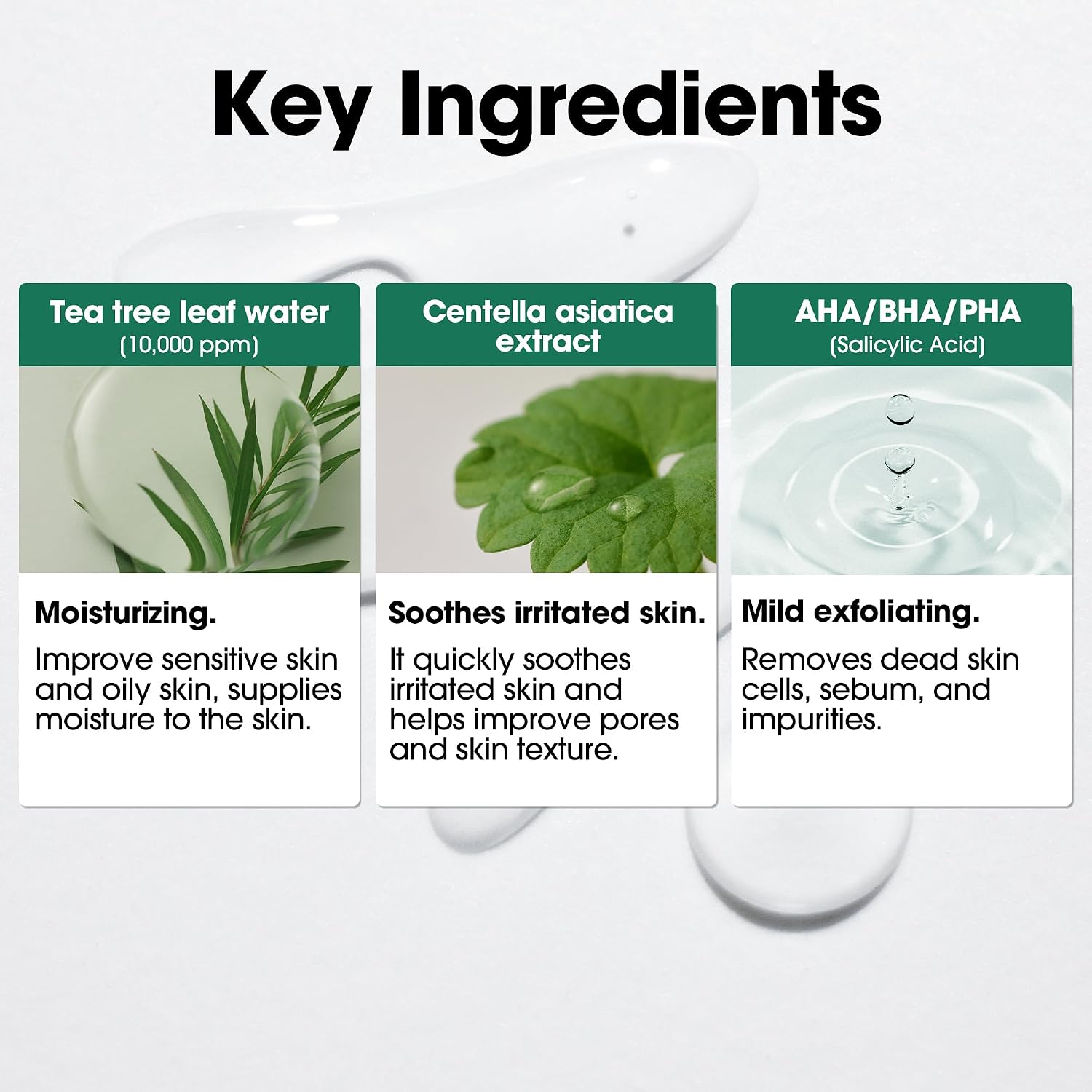 Infographic: kerningrediënten van de Some By Mi acne-reiniger, tea tree, centella en AHA/BHA/PHA