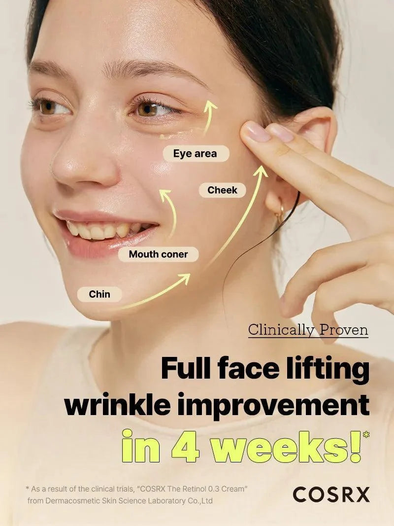 Model met COSRX The Retinol 0.3 Cream, door het merk geteste rimpelverbetering in het hele gezicht in 4 weken