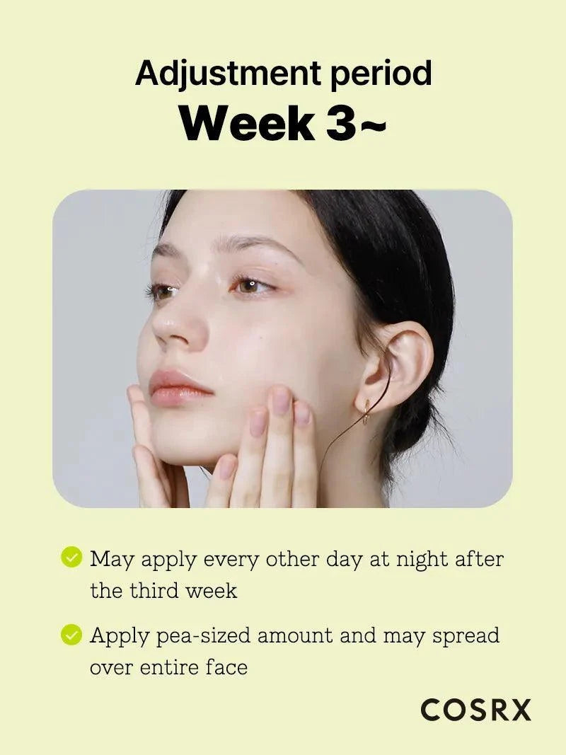Gewenningsperiode vanaf week 3 met de COSRX The Retinol 0.3 Cream: om de dag, erwtgrote hoeveelheid