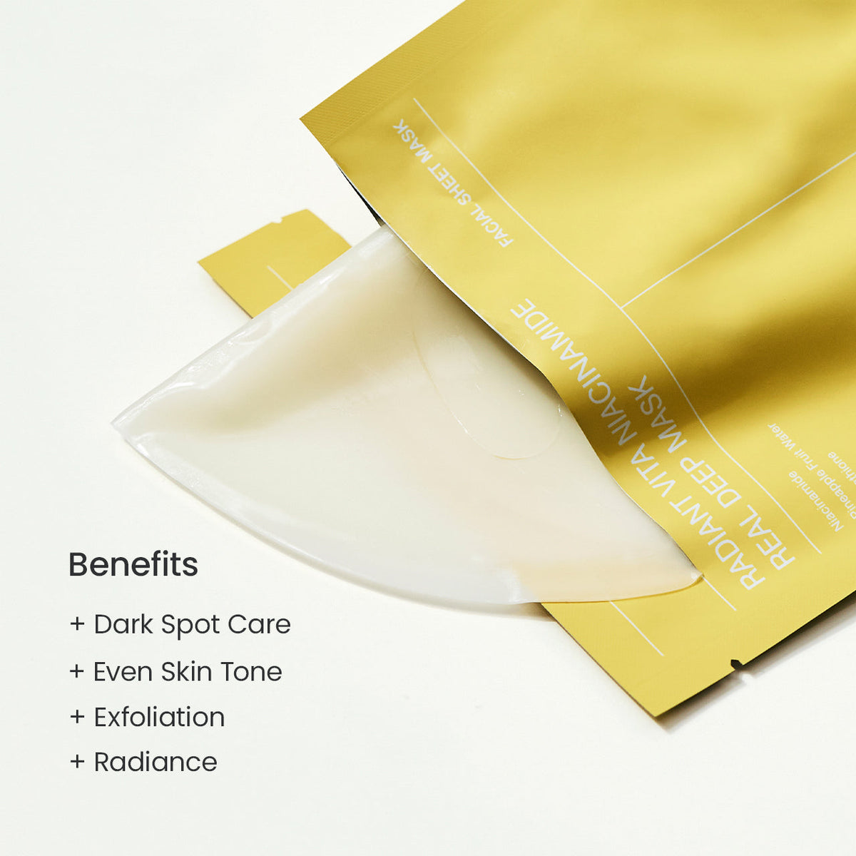 Biodance Radiant Vita Niacinamide masker uit het sachet, voordelen: donkere vlekjes, egale teint, exfoliatie, glow
