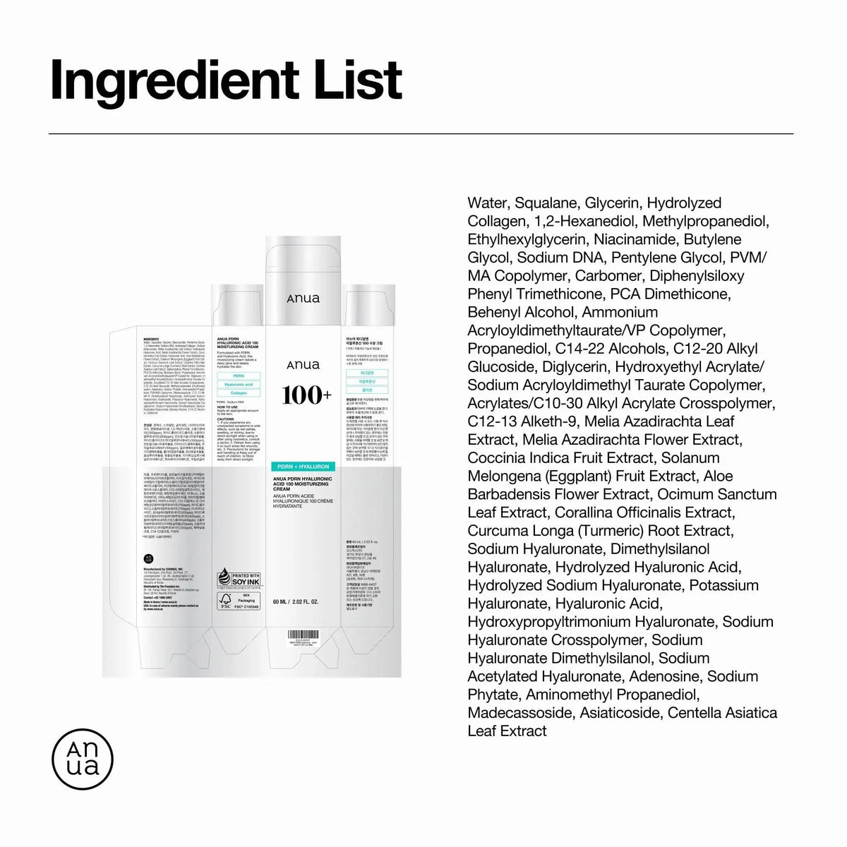Anua PDRN Hyaluronic Acid 100 Moisturizing Cream, volledige ingrediëntenlijst en verpakking