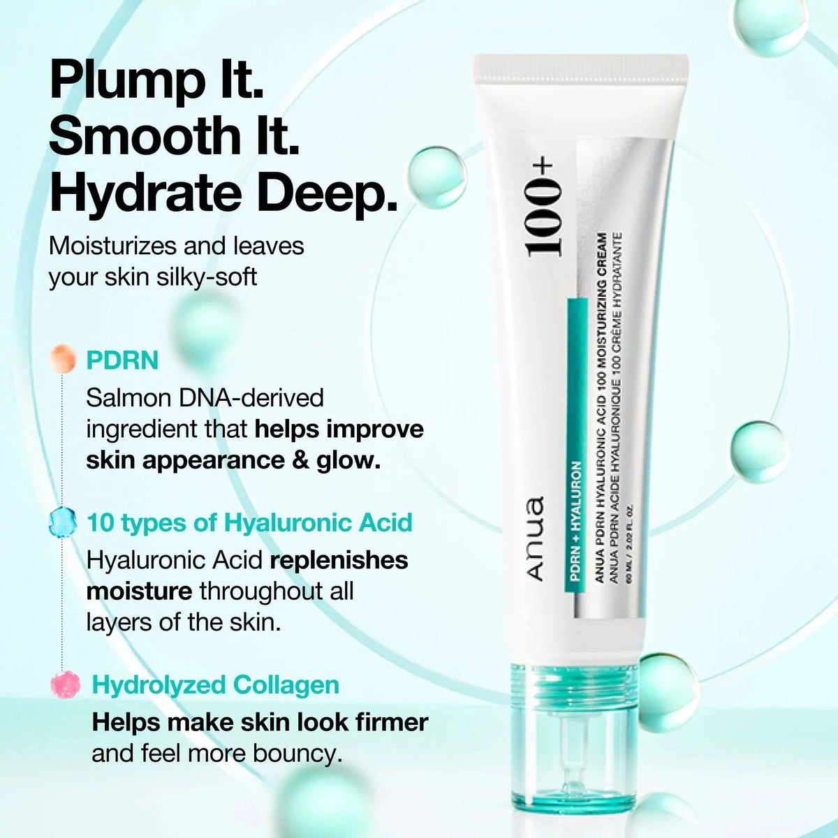 Anua PDRN Hyaluronic Acid 100 Moisturizing Cream met PDRN, 10 soorten hyaluronzuur en gehydrolyseerd collageen