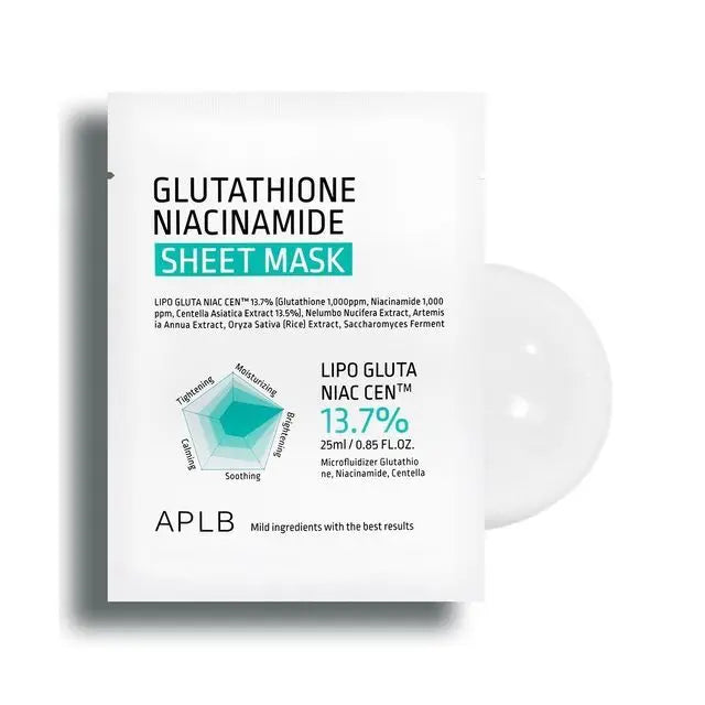 APLB Glutathione Niacinamide Sheet Mask 25 ml, verpakking van één sheetmasker