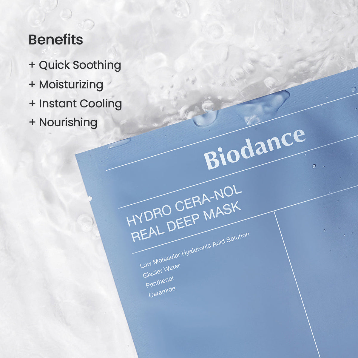 Voordelen van het Biodance Hydro Cera-nol Real Deep Mask: snel kalmerend, hydraterend, direct verkoelend en voedend