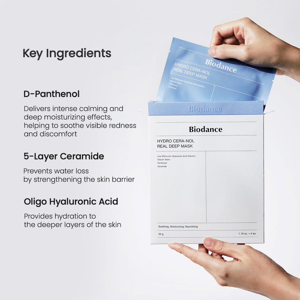 Belangrijkste ingrediënten van het Biodance Hydro Cera-nol masker: D-panthenol, vijf ceramiden en oligo-hyaluronzuur