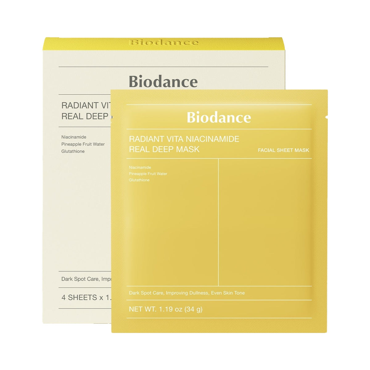 Biodance Radiant Vita Niacinamide Real Deep Mask, sachet voor de doos, je koopt 1 masker van 34 g