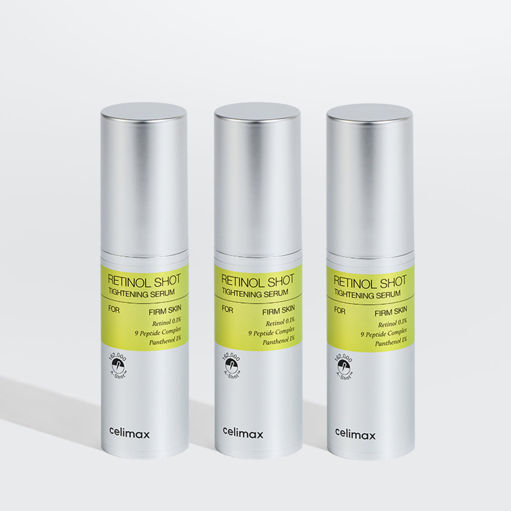 Drie flesjes Celimax Retinol Shot Serum met dop op grijze achtergrond