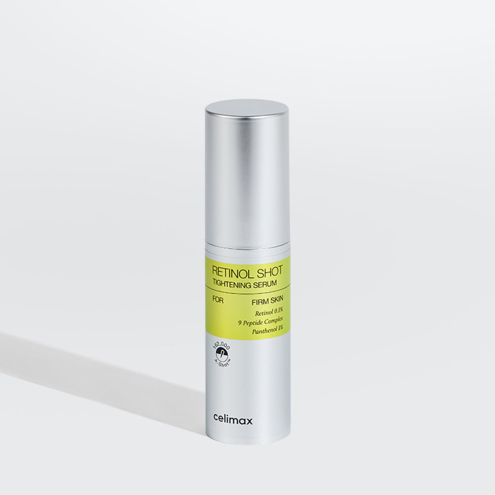 Flesje Celimax Retinol Shot Serum met dop op grijze achtergrond