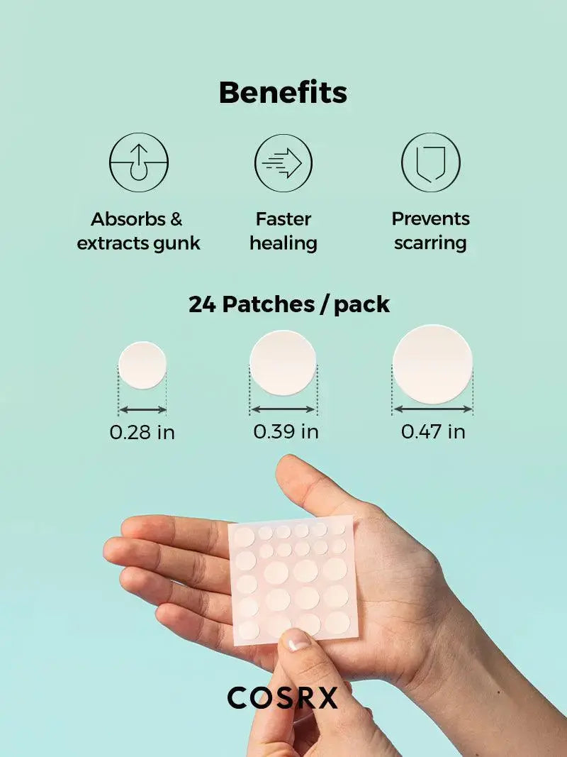 COSRX Acne Pimple Master Patch absorbeert vocht en versnelt herstel; 24 stuks in 3 maten