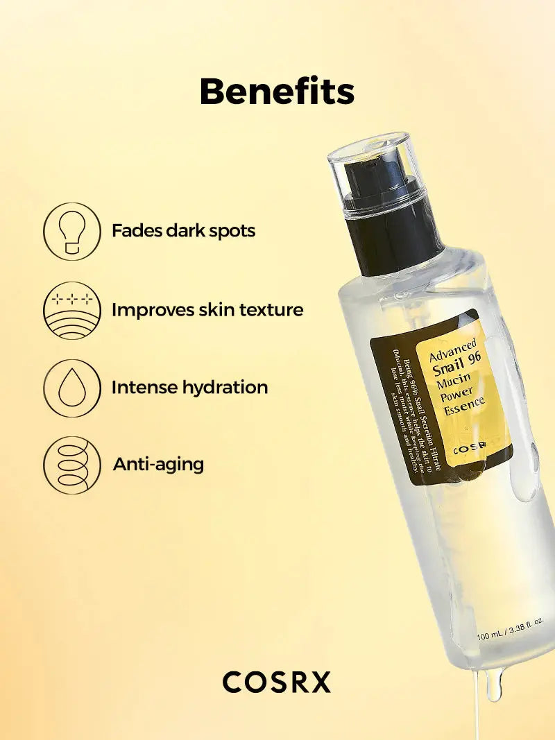 COSRX Advanced Snail 96 Mucin Power Essence vervaagt vlekken, verbetert textuur en hydrateert intens