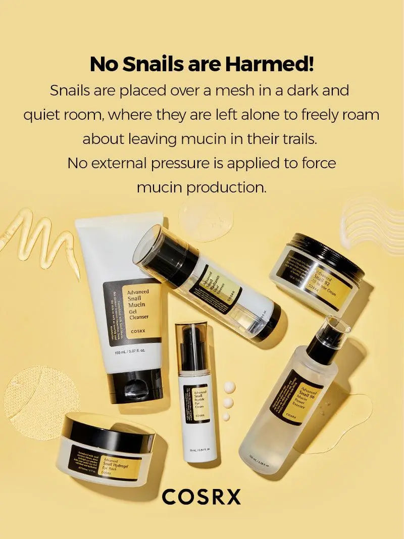 COSRX Advanced Snail 96 Mucin Power Essence en de Advanced Snail lijn; slakken worden niet beschadigd