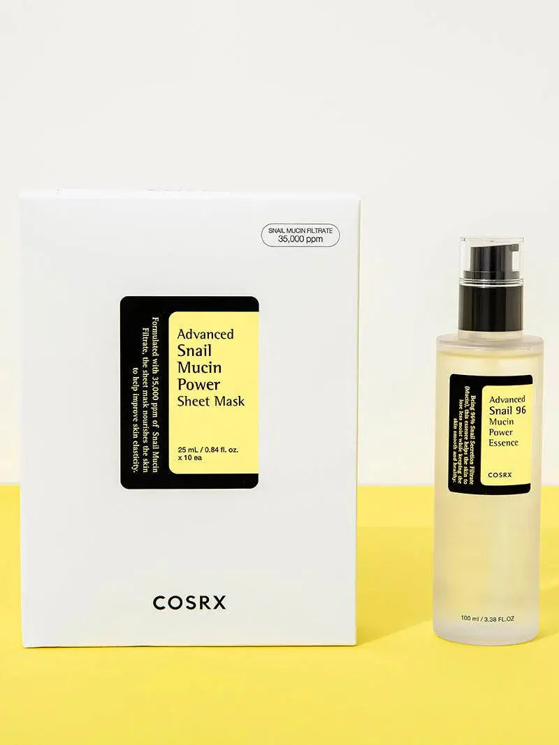COSRX Advanced Snail Mucin Power Sheet Mask, doos naast de Advanced Snail 96 Mucin Power Essence
