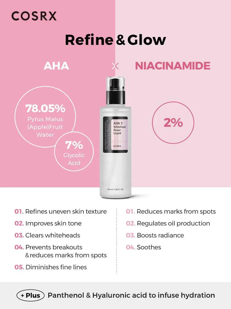 COSRX AHA 7 Whitehead Power Liquid met 7% glycolzuur en 2% niacinamide voor een verfijnde huidtextuur en glow