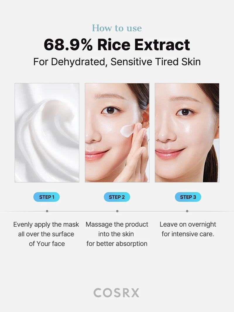 Gebruiksaanwijzing van de CosRX Ultimate Nourishing Rice Overnight Spa Mask in drie stappen