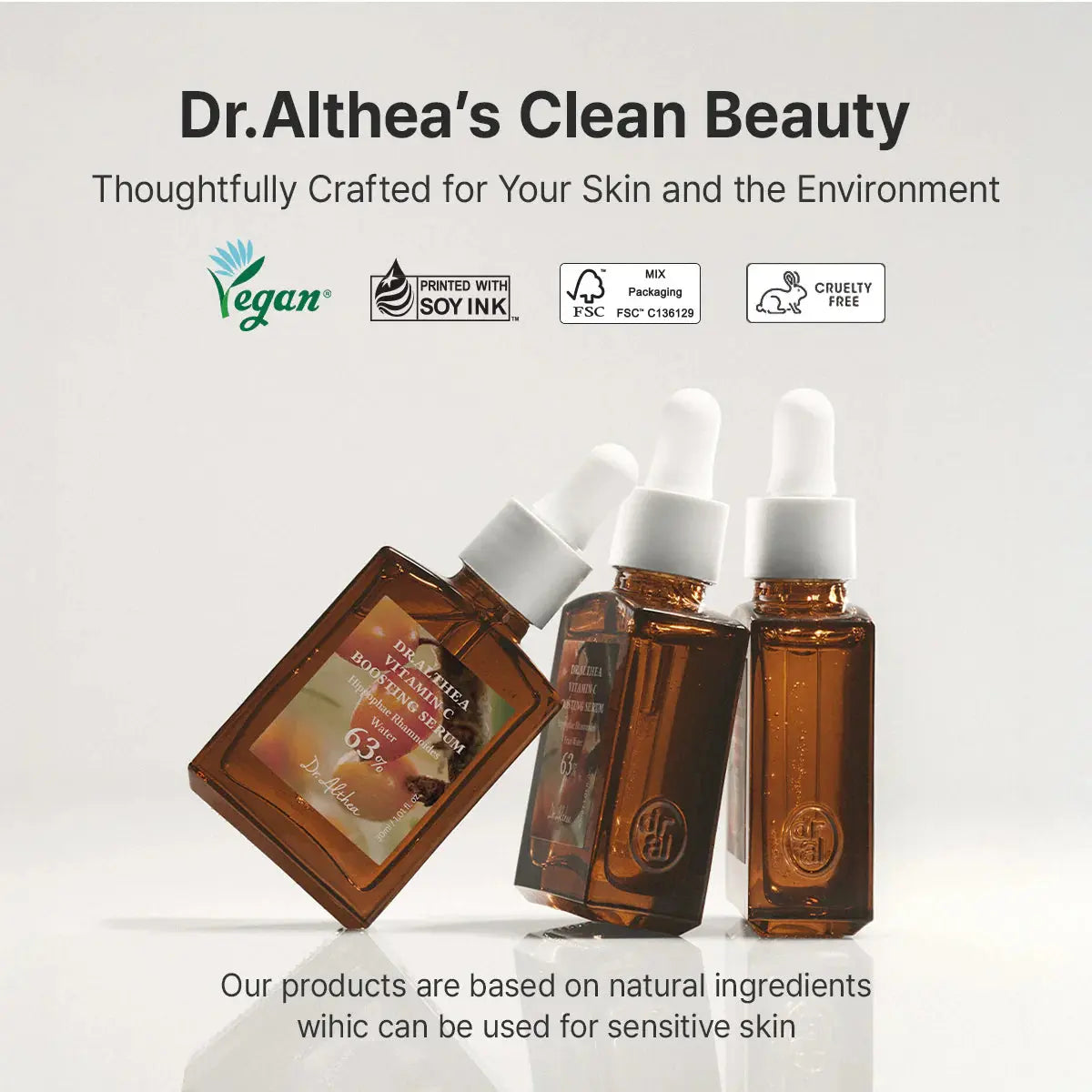 Dr.Althea Vitamin C Boosting Serum, vegan en gedrukt met sojainkt volgens het merk