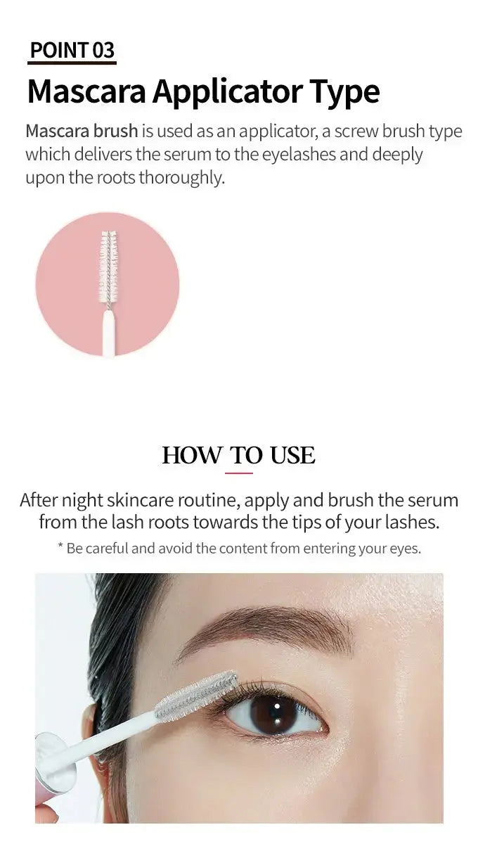 ETUDE My Lash Serum, mascaraborsteltje en gebruik: 's avonds vanaf de wimperwortels aanbrengen