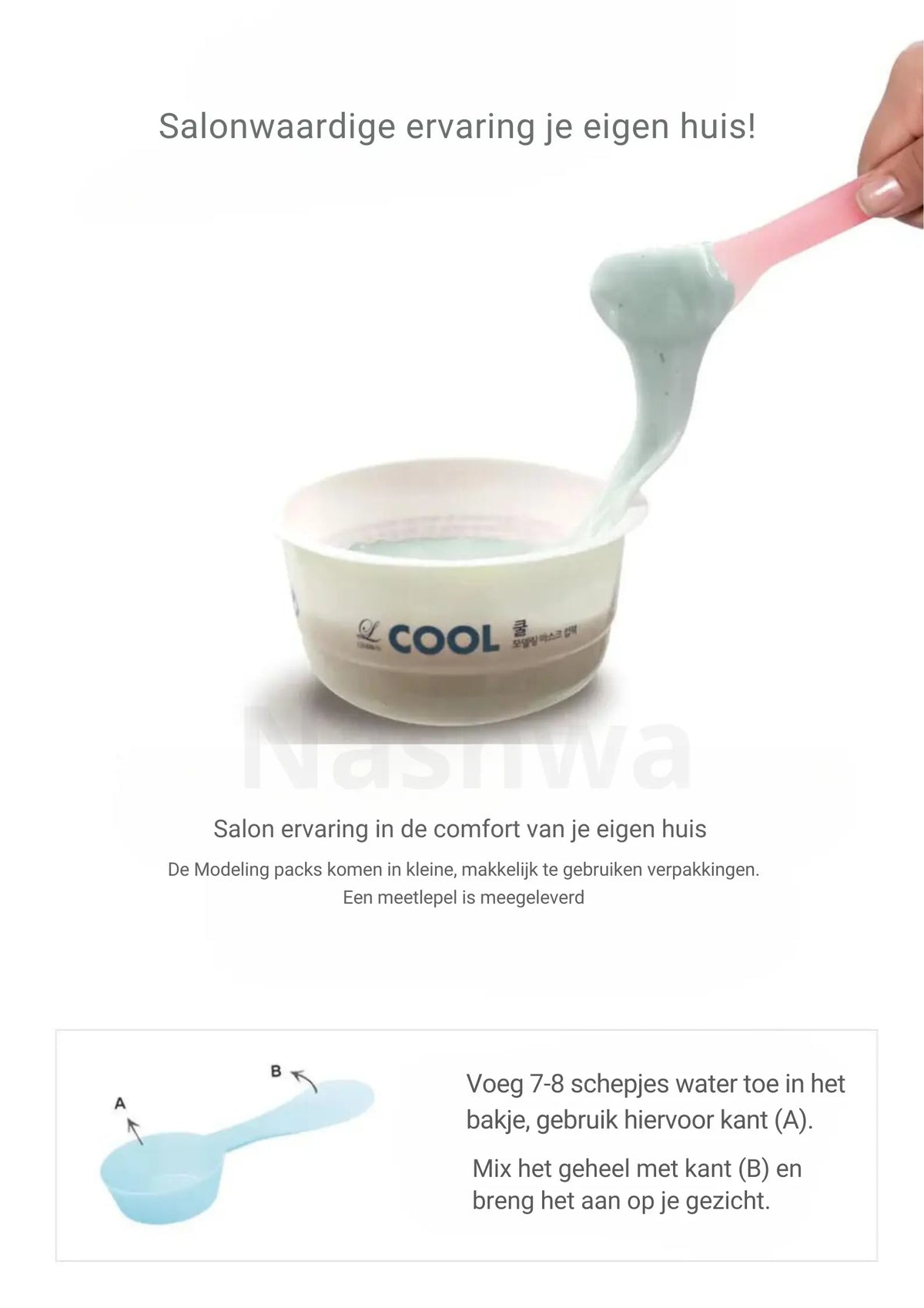 LINDSAY Modeling Mask Cup Pack Lavender, poeder mengen met 7 tot 8 schepjes water met het meegeleverde lepeltje