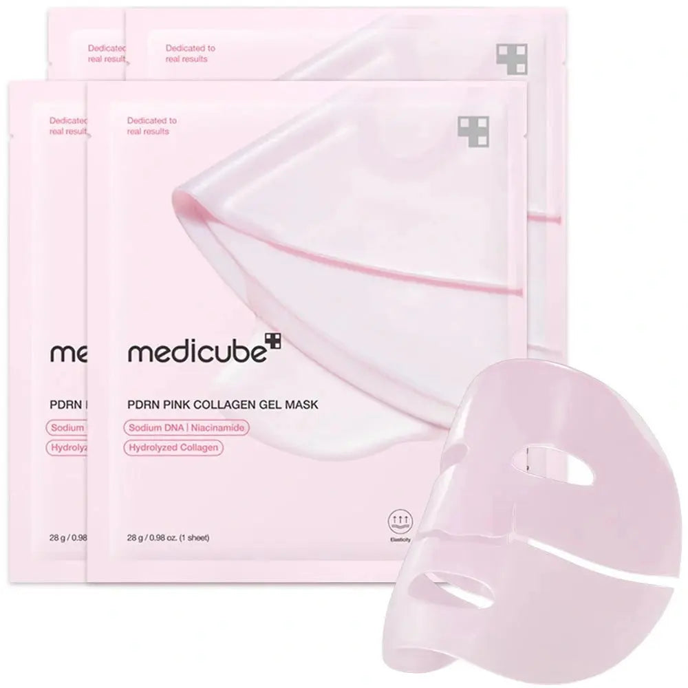 Medicube PDRN Pink Collagen Gel Mask set van 4, verpakkingen met het gelmasker