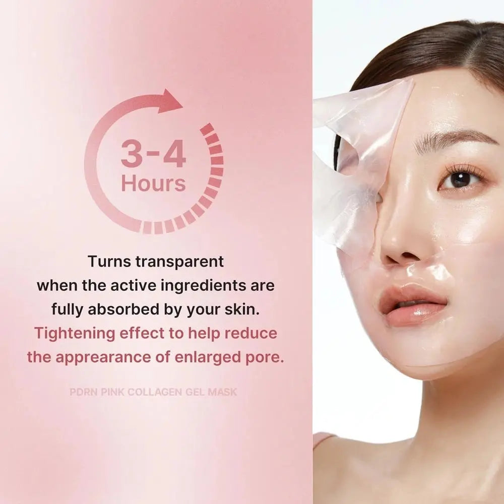 Medicube PDRN Pink Collagen Gel Mask wordt na 3 tot 4 uur doorzichtig als de ingrediënten zijn opgenomen