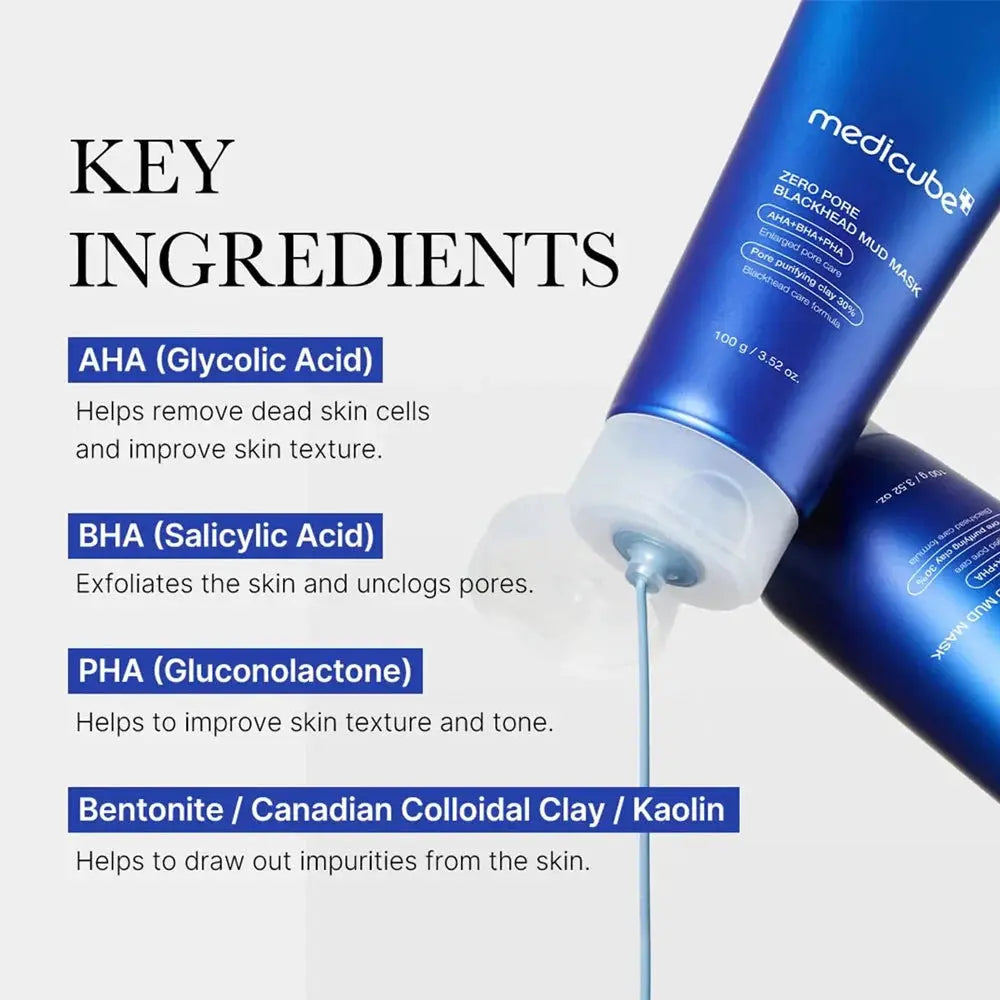 Medicube Zero Pore Blackhead Mud Mask, ingrediënten: glycolzuur, salicylzuur, gluconolacton, bentoniet en kaolien