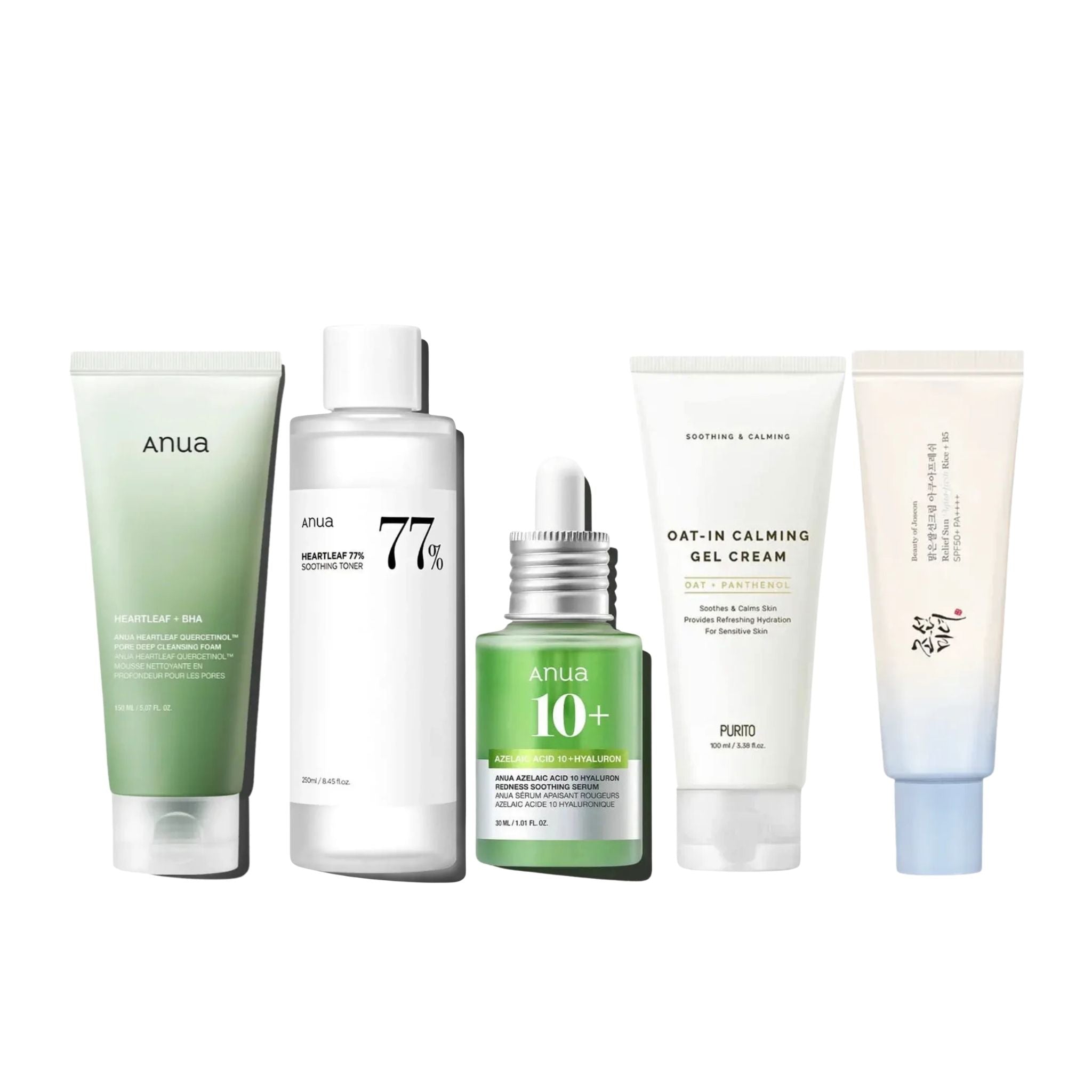 Non-comedogeen Routine Set met Anua cleansing foam, Heartleaf toner, azelaïnezuur serum, Purito gelcrème en Beauty of Joseon zonnebrand