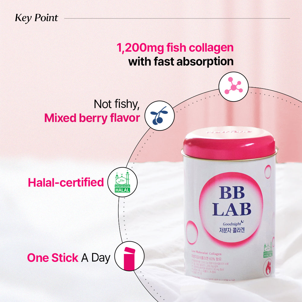 Nutrione BB LAB Goodnight Low Molecular Collagen, 1200 mg viscollageen per stick, bessensmaak en halal