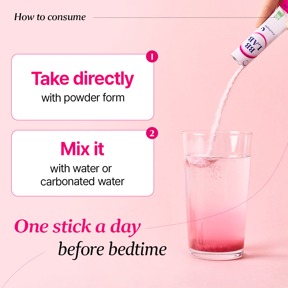 Nutrione BB LAB Goodnight Low Molecular Collagen, gebruik: direct innemen of mengen met water, één stick voor het slapen