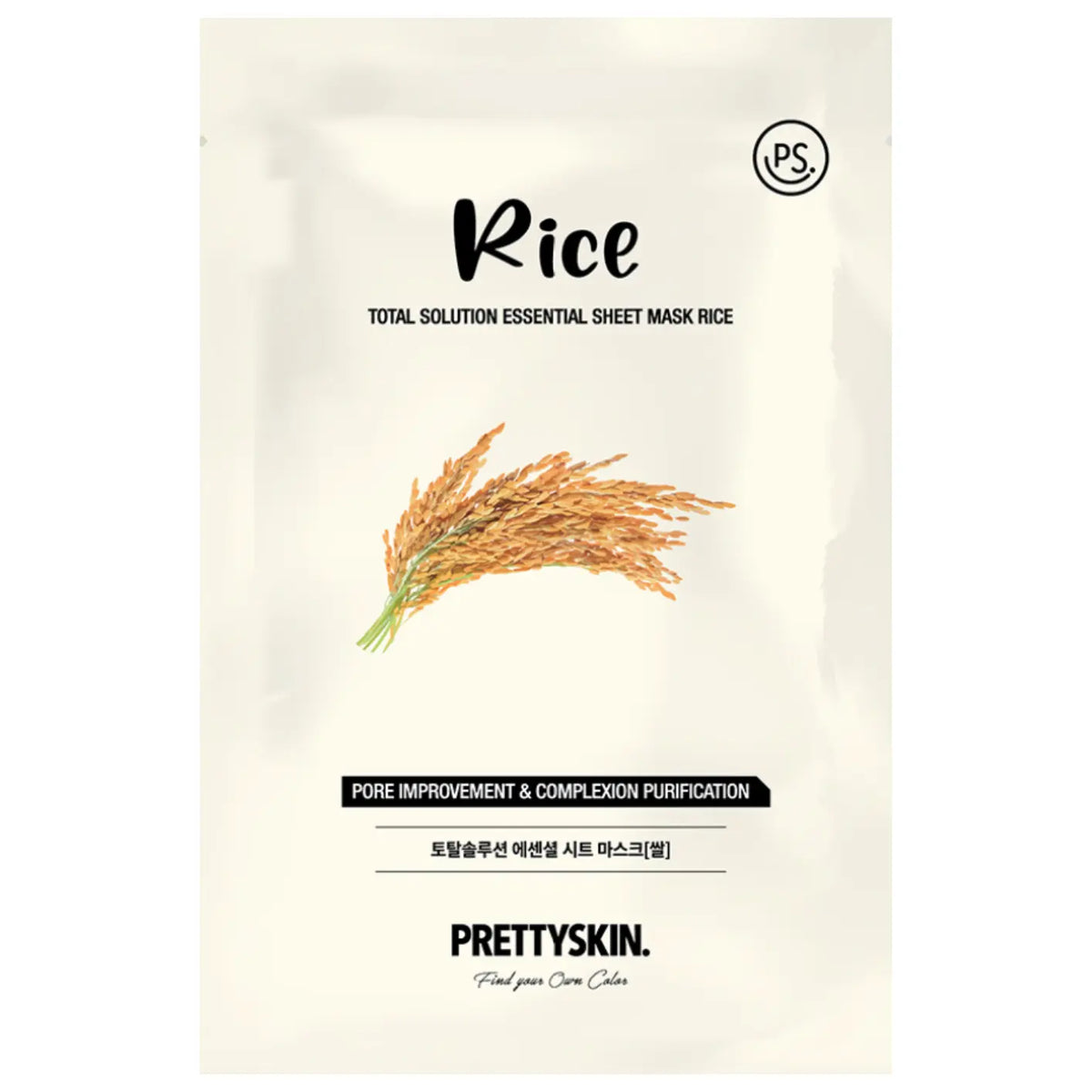 Pretty Skin Total Solution Essential Sheet Mask Rice, verpakking van één sheetmasker