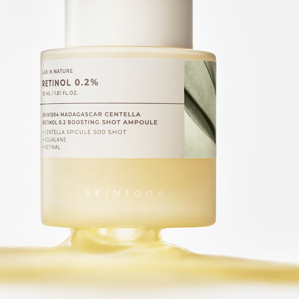 Etiket van de SKIN1004 Madagascar Centella Retinol 0.2 Boosting Shot Ampoule van dichtbij