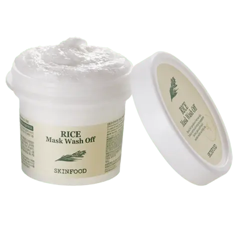 SKINFOOD Rice Mask Wash Off, geopende pot met witte, romige textuur
