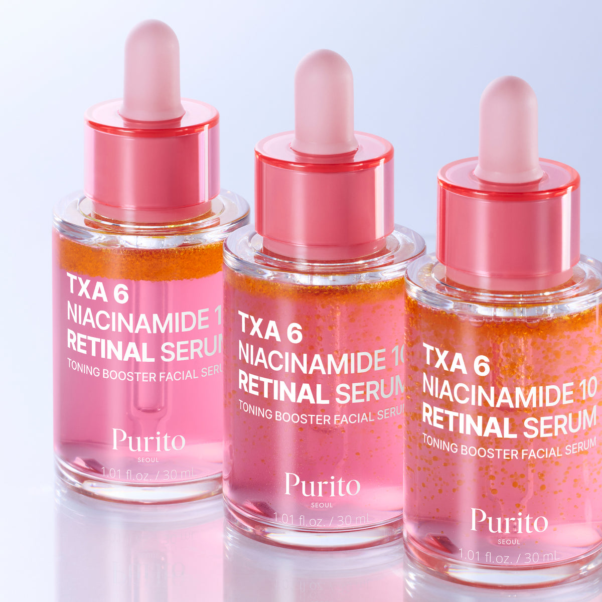 Drie flesjes PURITO TXA 6 Niacinamide 10 Retinal Serum, toning booster facial serum