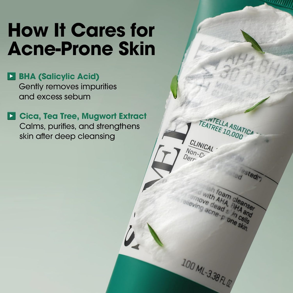 Infographic: hoe de Some By Mi AHA BHA PHA foam de acnegevoelige huid reinigt met BHA en cica