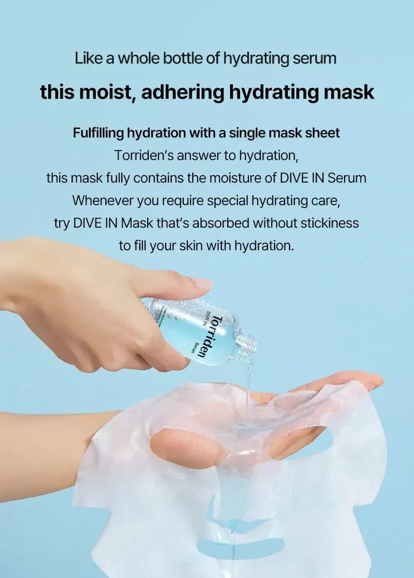 Torriden DIVE IN Low Molecular Hyaluronic Acid Mask, masker bevat het vocht van een hele fles DIVE IN serum