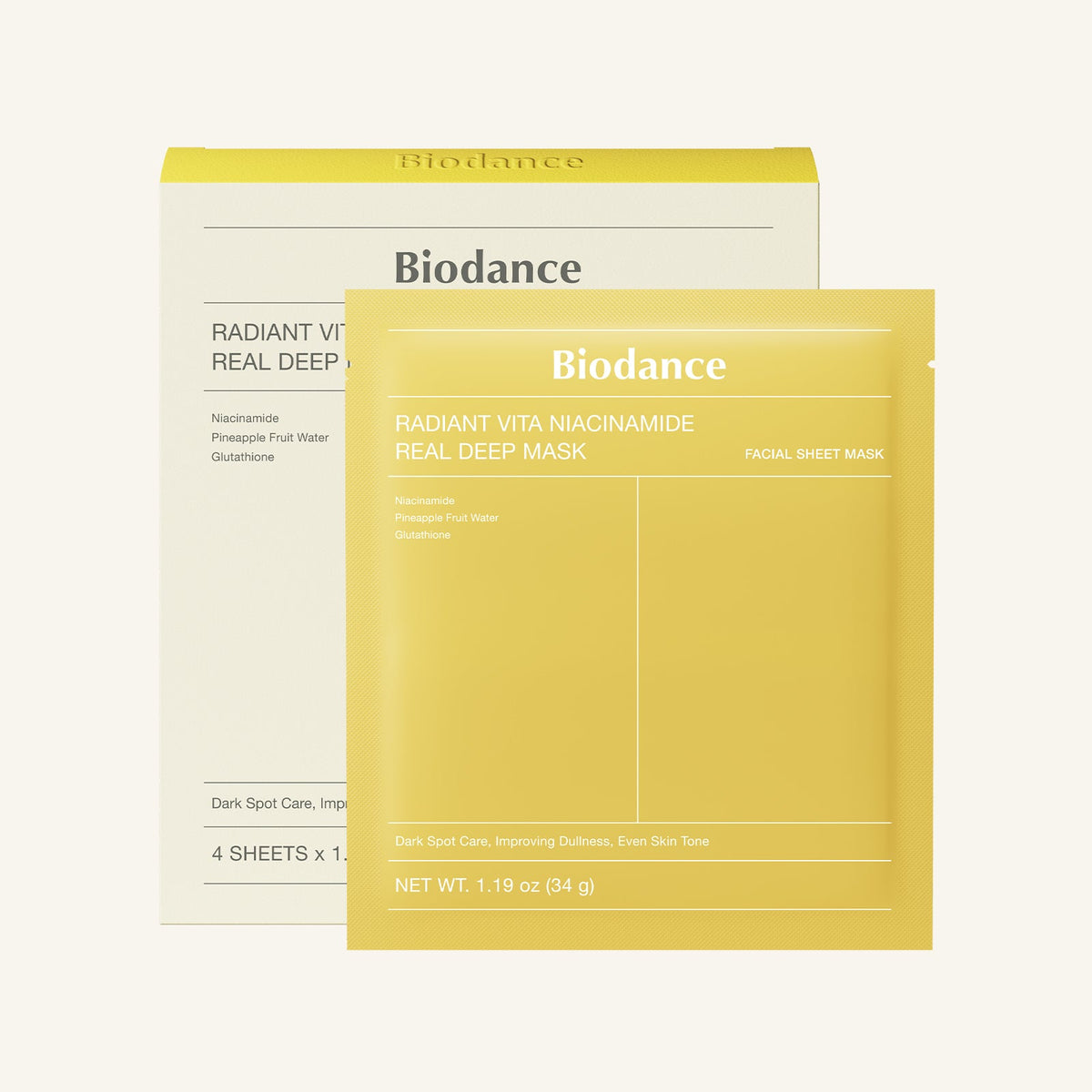 Doos van het Biodance Radiant Vita Niacinamide Real Deep Mask met los sachet; je koopt 1 masker (34 g)
