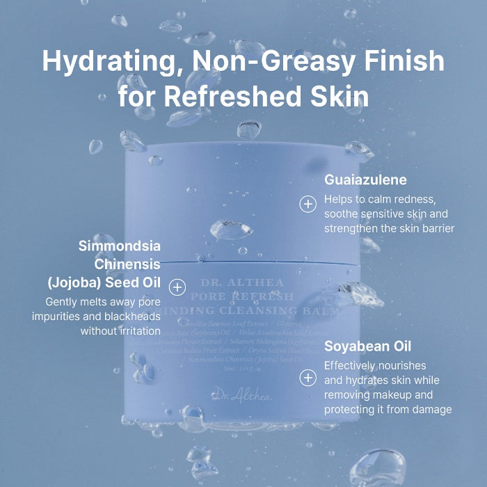 Hydraterende, niet-vette finish van de Dr. Althea Pore Refresh Cleansing Balm met guaiazuleen en jojobaolie