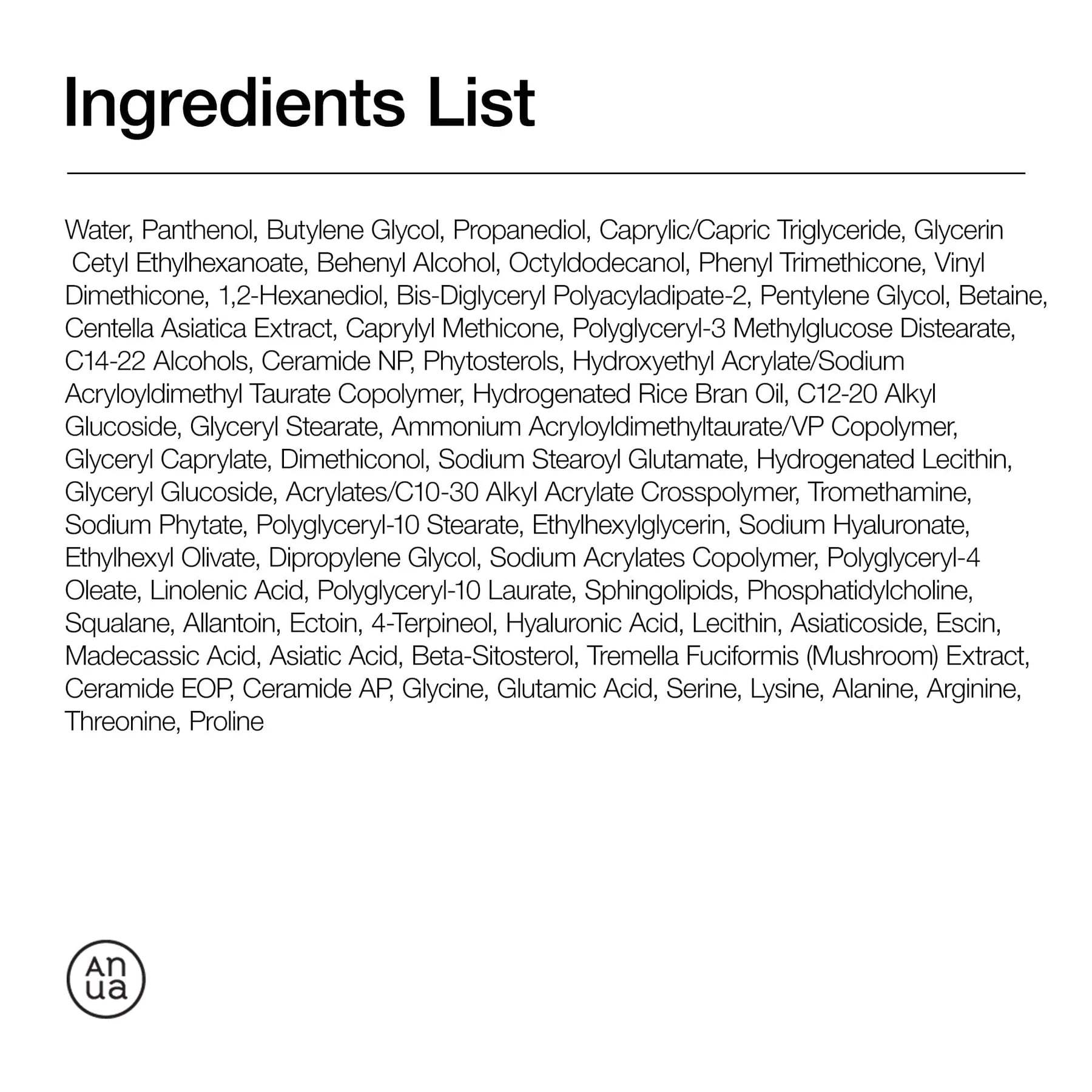 Ingrediëntenlijst van de Anua 3 Ceramide Panthenol Moisture Barrier Cream