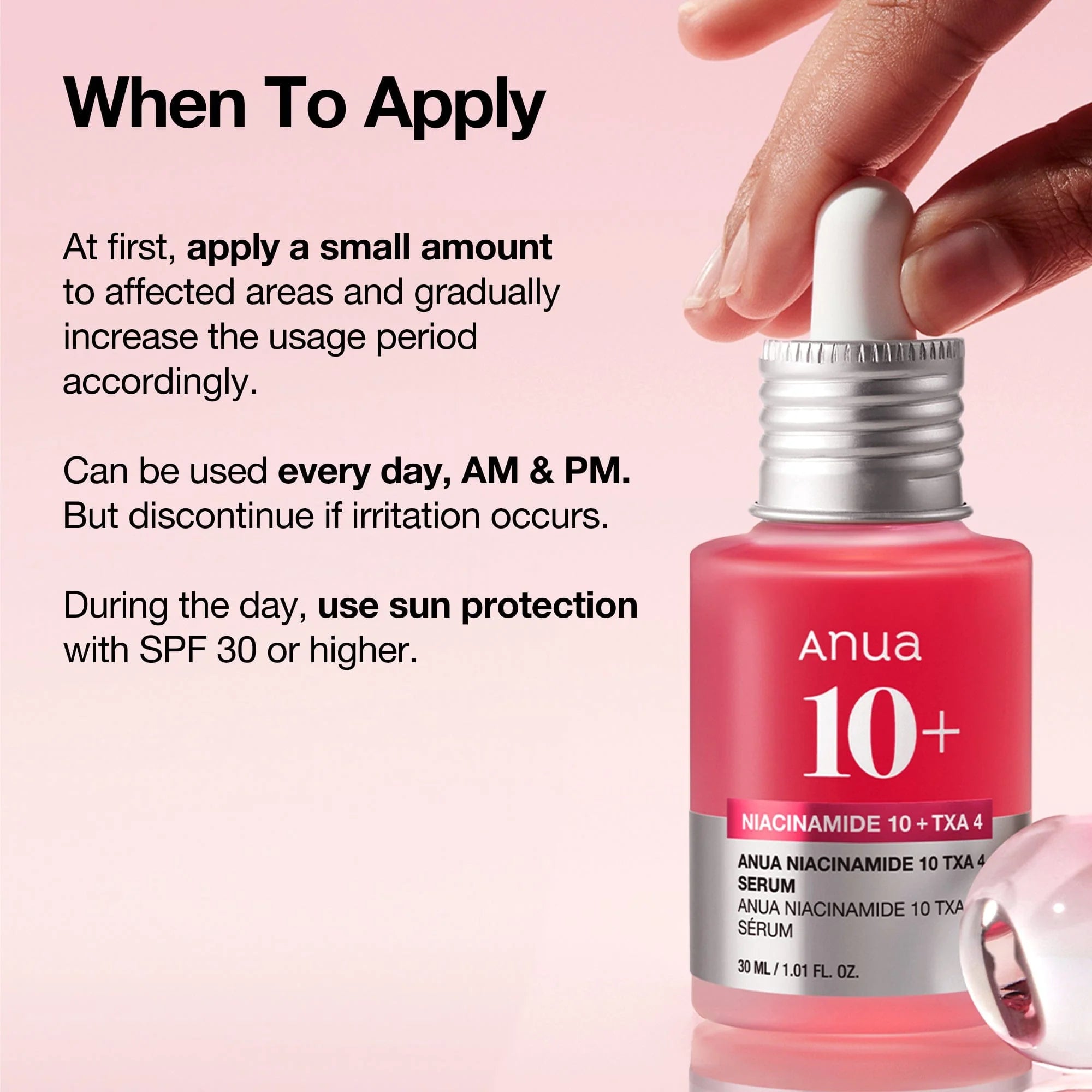 Anua Niacinamide Serum gebruiksaanwijzing - aanbrengen ochtend en avond met SPF overdag