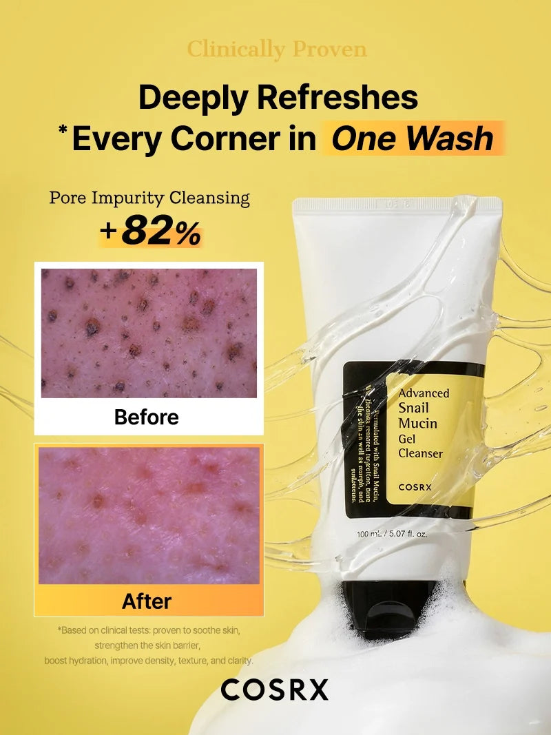 Infographic: poriën voor en na reiniging met de CosRX Advanced Snail Mucin Gel Cleanser