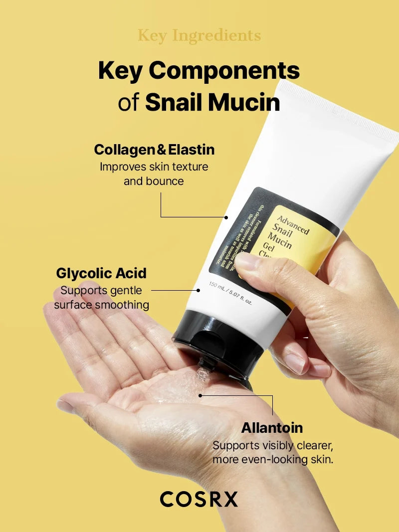 Infographic: kerncomponenten van slakkenmucine in de CosRX gelreiniger, collageen, elastine, glycolzuur en allantoïne